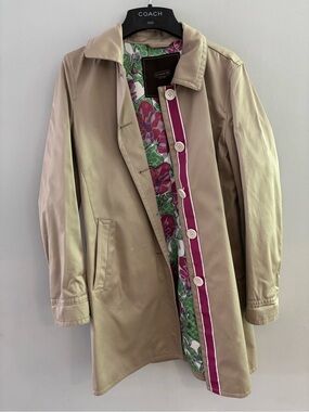 COACH Beige Trench Coat Pink and Green Floral Lining & Matching Silk Scarf XS